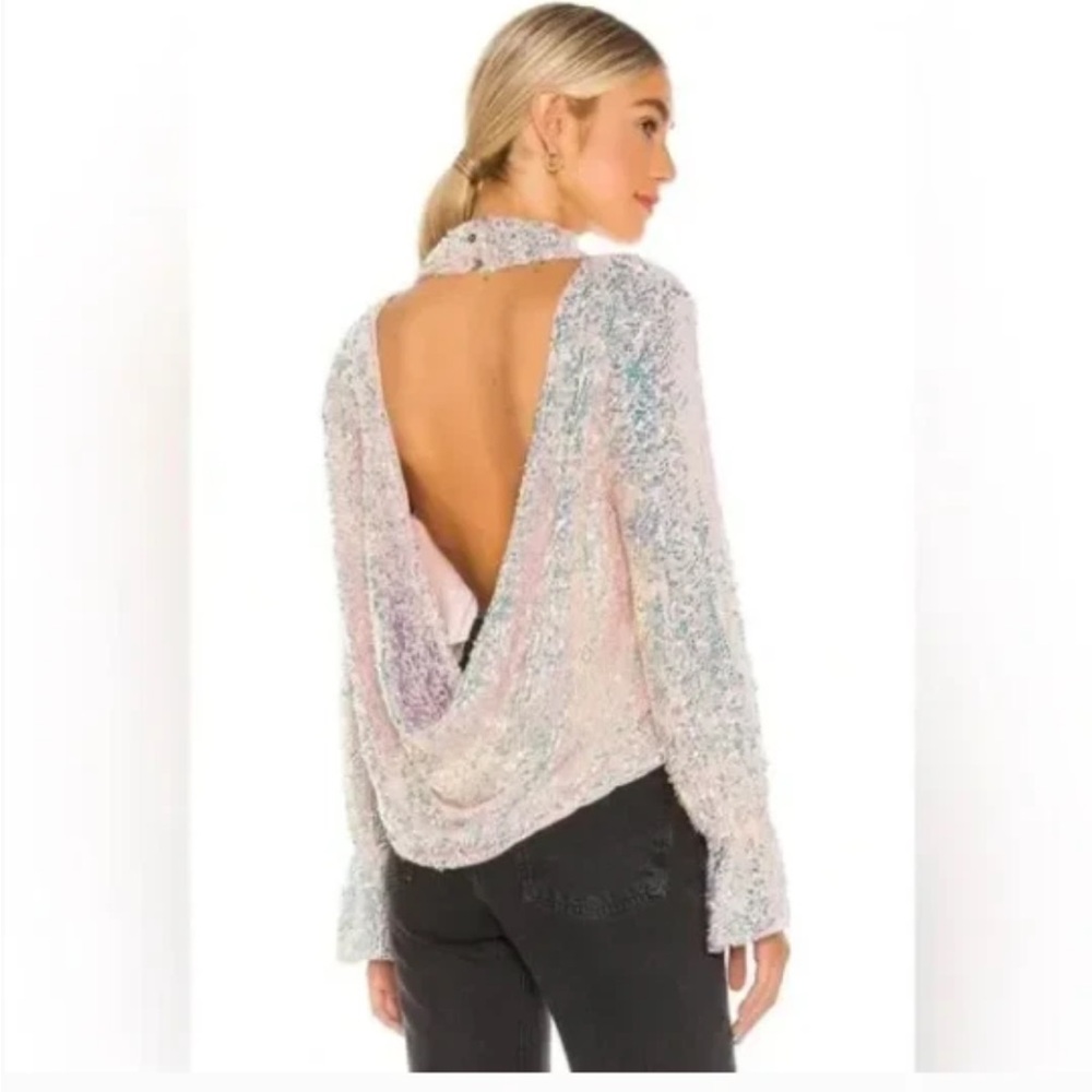 Free People Moon Struck Pink Sequin Open Cowl Back Top - size Small festival